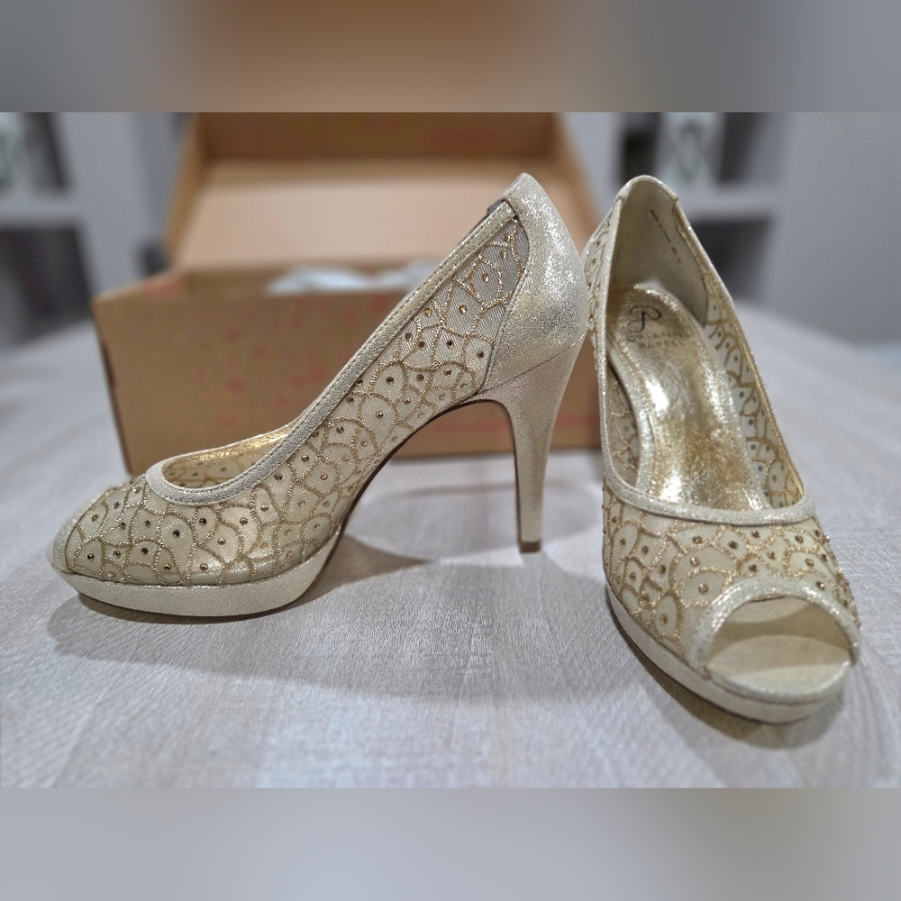 Adrianna Papell Gold Embellished Open-Toe Heels